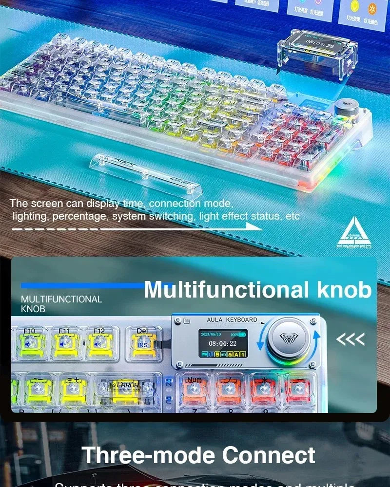 AULA F98PRO Wireless Mechanical Keyboard Transparent Keycaps RGB Backlit Custom 2.4G Hot Swappable Gaming Keyboard With Screen
