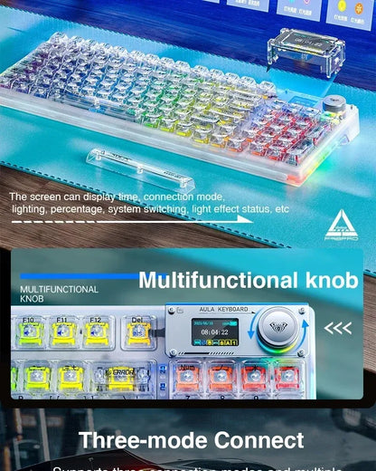 AULA F98PRO Wireless Mechanical Keyboard Transparent Keycaps RGB Backlit Custom 2.4G Hot Swappable Gaming Keyboard With Screen