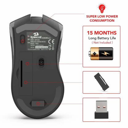 Rato sem fios Redragon M652 Optical 2.4G com recetor USB, rato portátil para gaming e escritório, 5 níveis de DPI ajustáveis