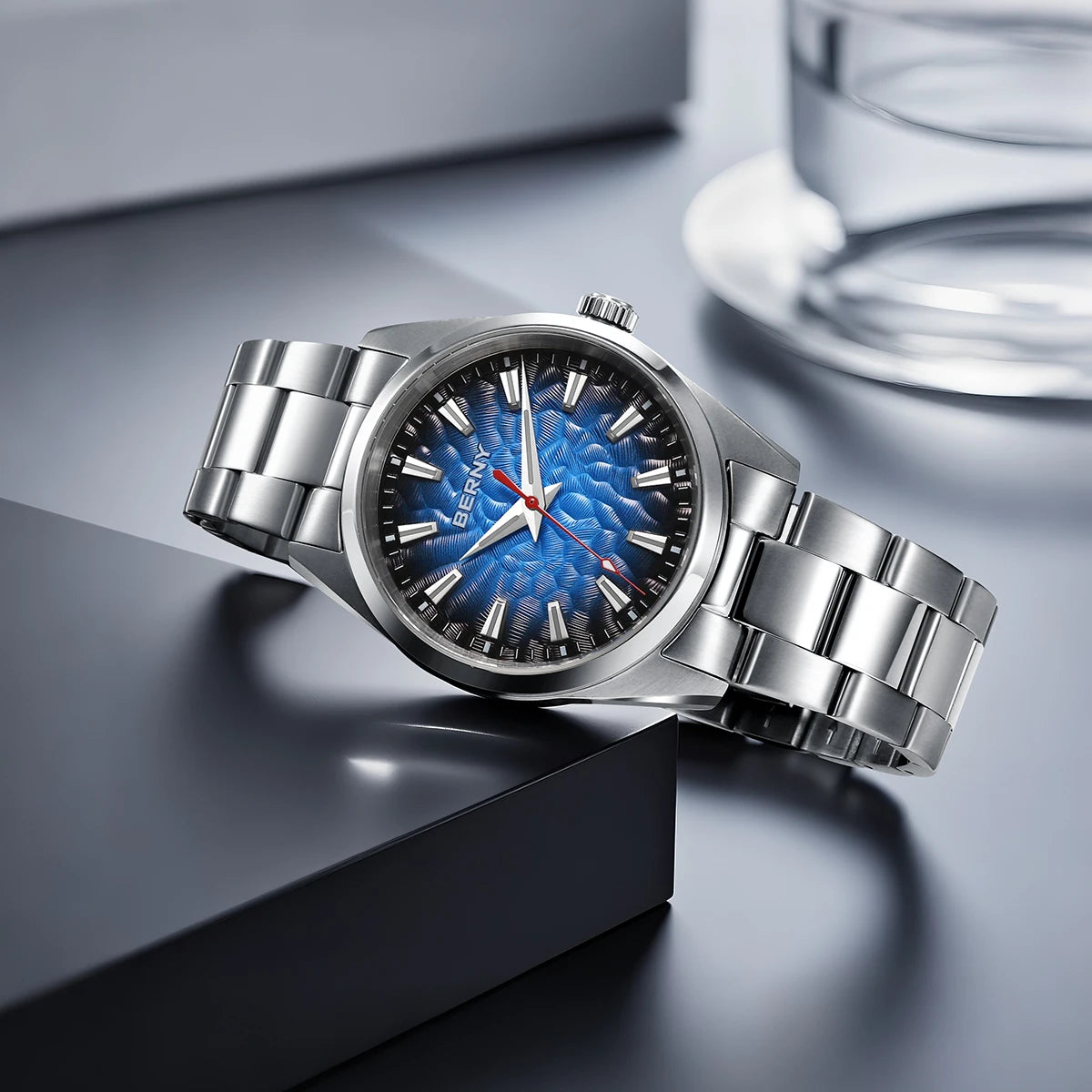 BERNY Herrenuhr – Quarzuhr, Saphirglas, leuchtende Zeiger, wasserdicht bis 10 ATM, komplett aus Edelstahl – Eleganter und lässiger Stil, ideal für den Alltag oder berufliche Anlässe
