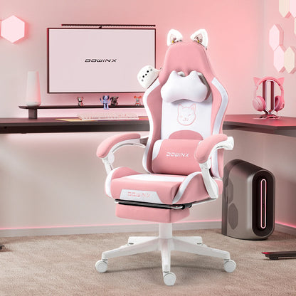 Cute Gaming Chair with Cat Ears Footrest Pink Kawaii Computer Chair Ergonomic High Back Gamer Seat with Cat Paw Lumbar Support