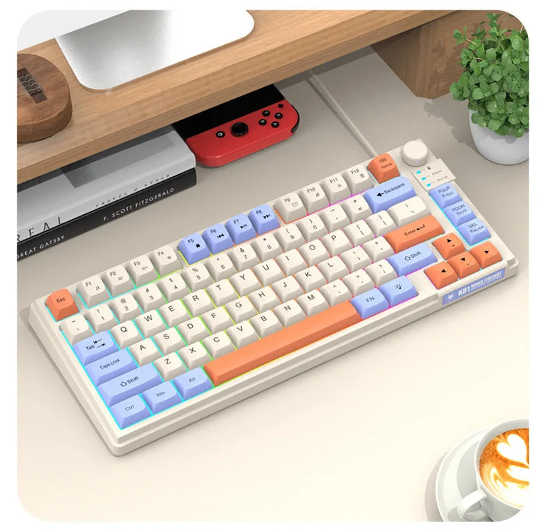 Teclado Gaming K81 com 81 Teclas, Layout 80%, Espanhol, Russo, Coreano e Árabe, USB com Fio, Luz RGB, Botão de Volume, Ergonómico