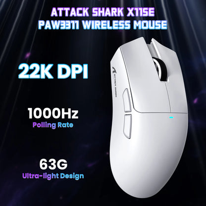 Ratón gaming inalámbrico ATTACK SHARK X11SE, trimodo, superligero de 63g con sensor PAW3311, 22000 DPI, batería de 300mAh, doble controlador