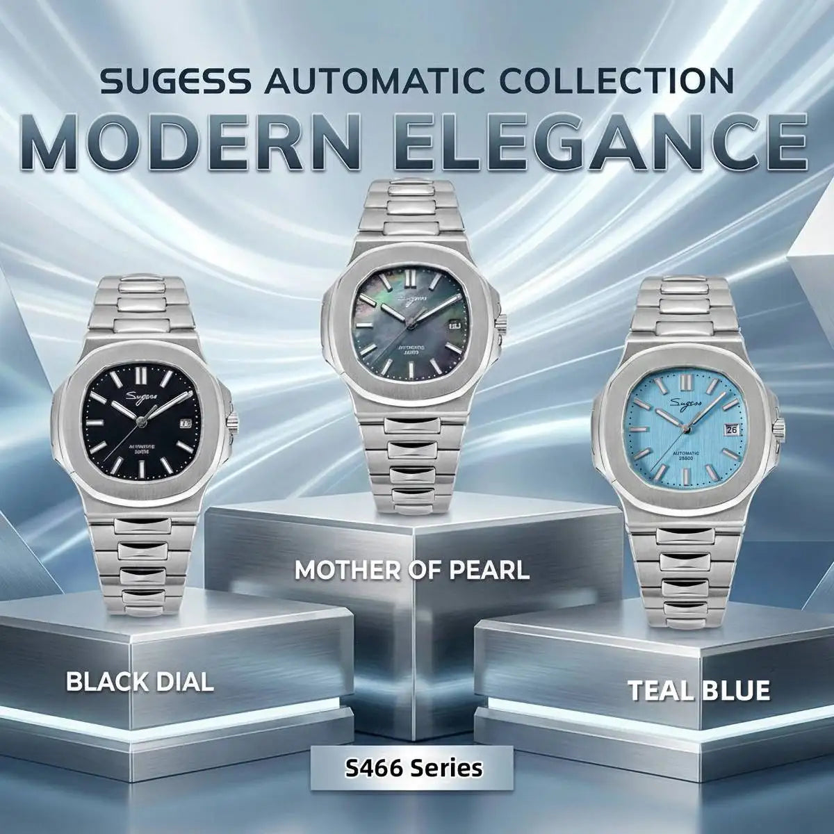 Sugess Herrenuhr, automatische mechanische Armbanduhr, Miyota 9015 Uhrwerk, MOP-Zifferblatt, Leuchtfunktion, wasserdicht bis 5bar, Luxus-Armband S466