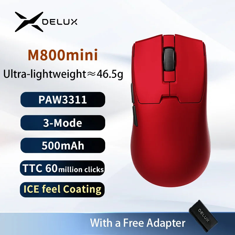 Delux M800mini vezeték nélküli gaming egér, 46g könnyű kivitel, PAW3395/PAW3311, 1KHz lekérdezési frekvencia kis és közepes kezű PC-játékosoknak
