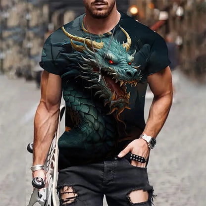 Nauji vasariniai vyriški marškinėliai apvalia iškirpte, „Flame Magic Dragon“ 3D rašto, laisvalaikio, kvėpuojantys, lengvi, universalus dizainas, trumpomis rankovėmis