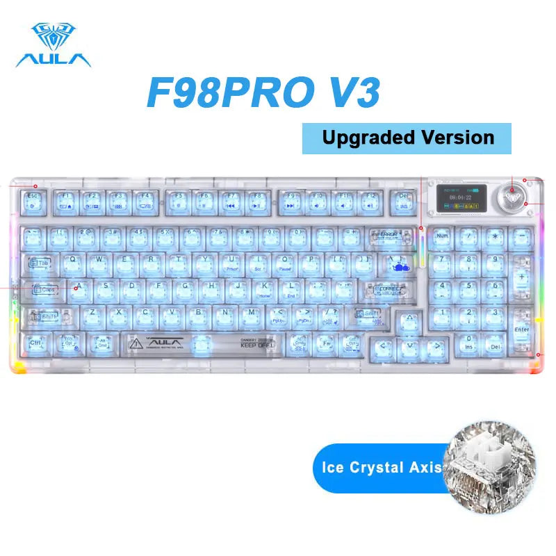 AULA F98PRO Wireless Mechanical Keyboard Transparent Keycaps RGB Backlit Custom 2.4G Hot Swappable Gaming Keyboard With Screen