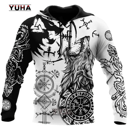 Neuer Wolf-Tattoo-Vegvisir Schwarz-Weiß 3D-Allover-Print Herren-Hoodie & Sweatshirt Unisex Casual Herbst-Trainingsanzug