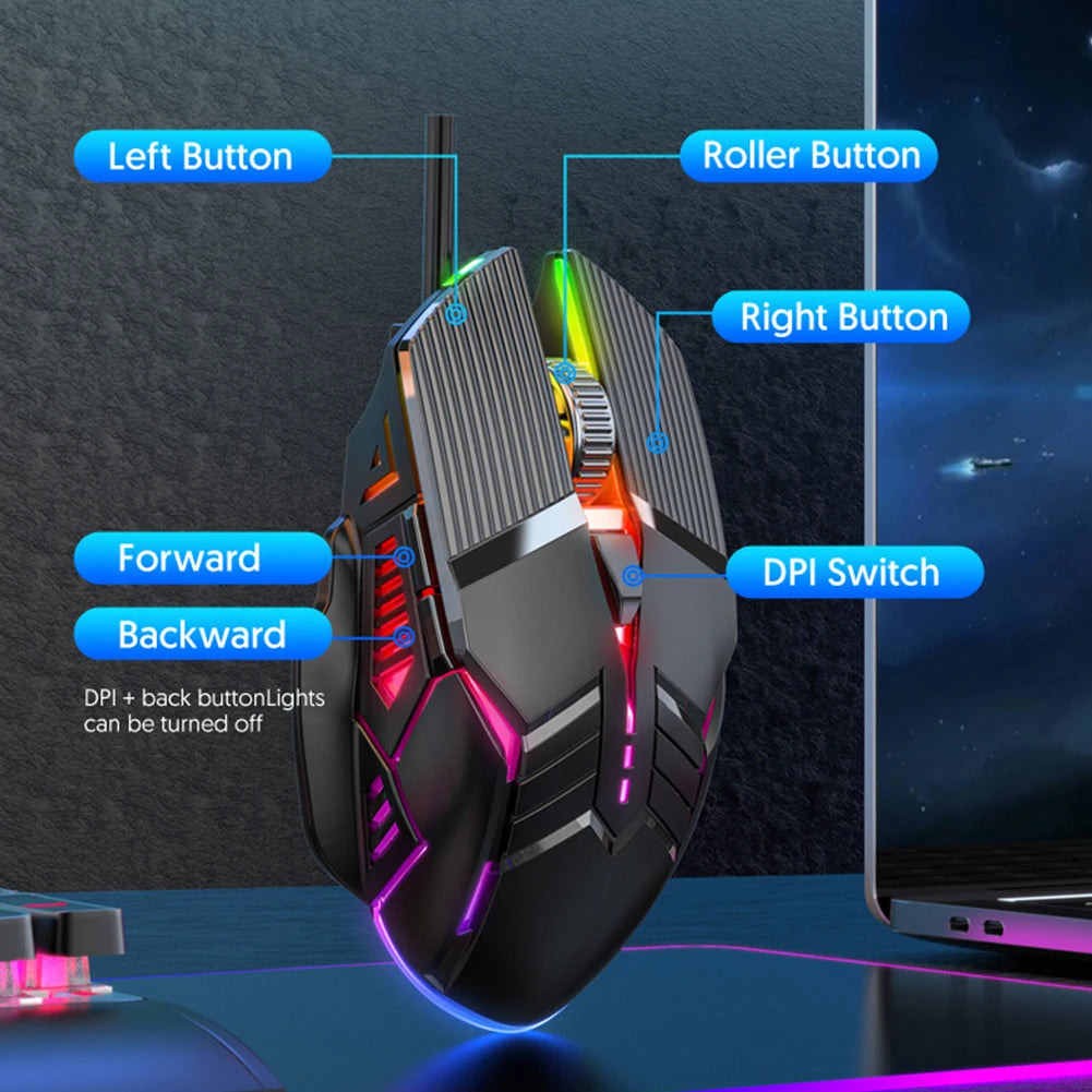 3200DPI ergonomikus vezetékes gamer egér, USB számítógépes gamer egér RGB háttérvilágítással, 6 gombos LED-es csendes egér PC-hez és laptophoz