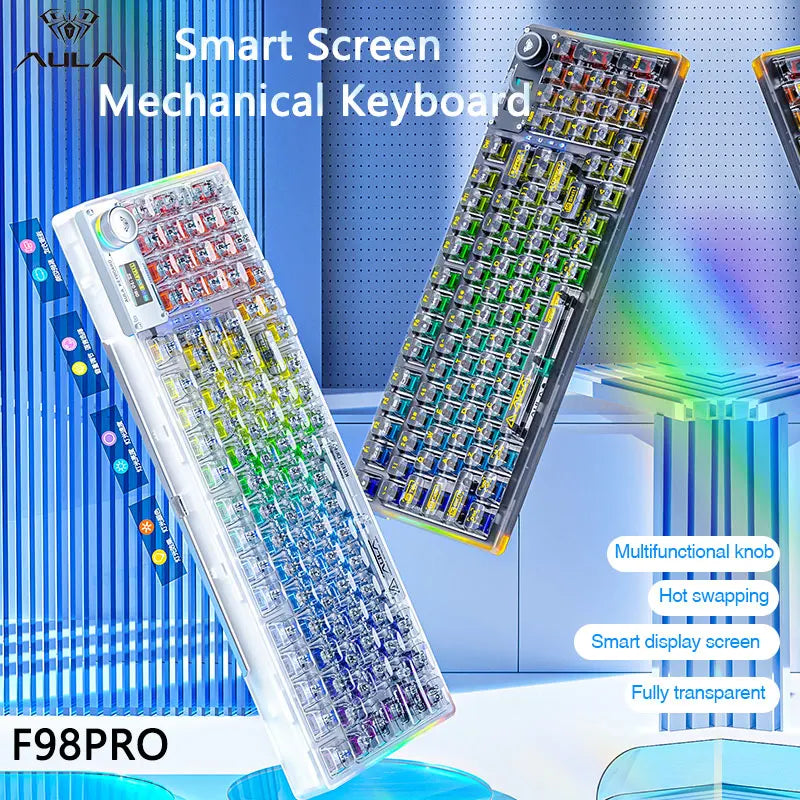 AULA F98PRO Wireless Mechanical Keyboard Transparent Keycaps RGB Backlit Custom 2.4G Hot Swappable Gaming Keyboard With Screen