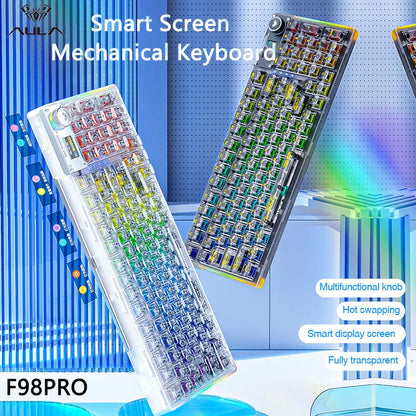 AULA F98PRO Wireless Mechanical Keyboard Transparent Keycaps RGB Backlit Custom 2.4G Hot Swappable Gaming Keyboard With Screen
