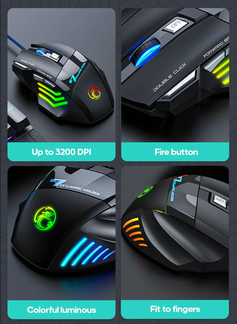 IMICE X7 Optische Gaming-Maus – einstellbare DPI, ergonomisches Anti-Rutsch-Design, farbenfrohe Beleuchtung, geeignet für Desktop-Computer und Laptop