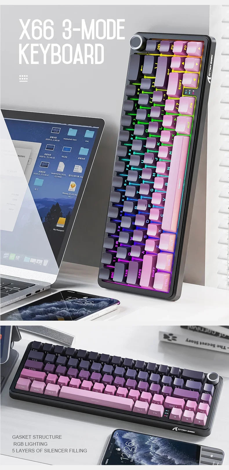 Attack Shark X66 Tastiera meccanica wireless 65% layout compatto, retroilluminazione RGB, gasket mount, hot swap, Bluetooth, USB-C, PBT, batteria ad alta capacità