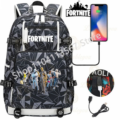 Ultima Knight F-Fortnited Battle Royale Rucksack mit USB-Ladeanschluss, Anime-Figuren und Studienfach für Schreibwaren für Schüler