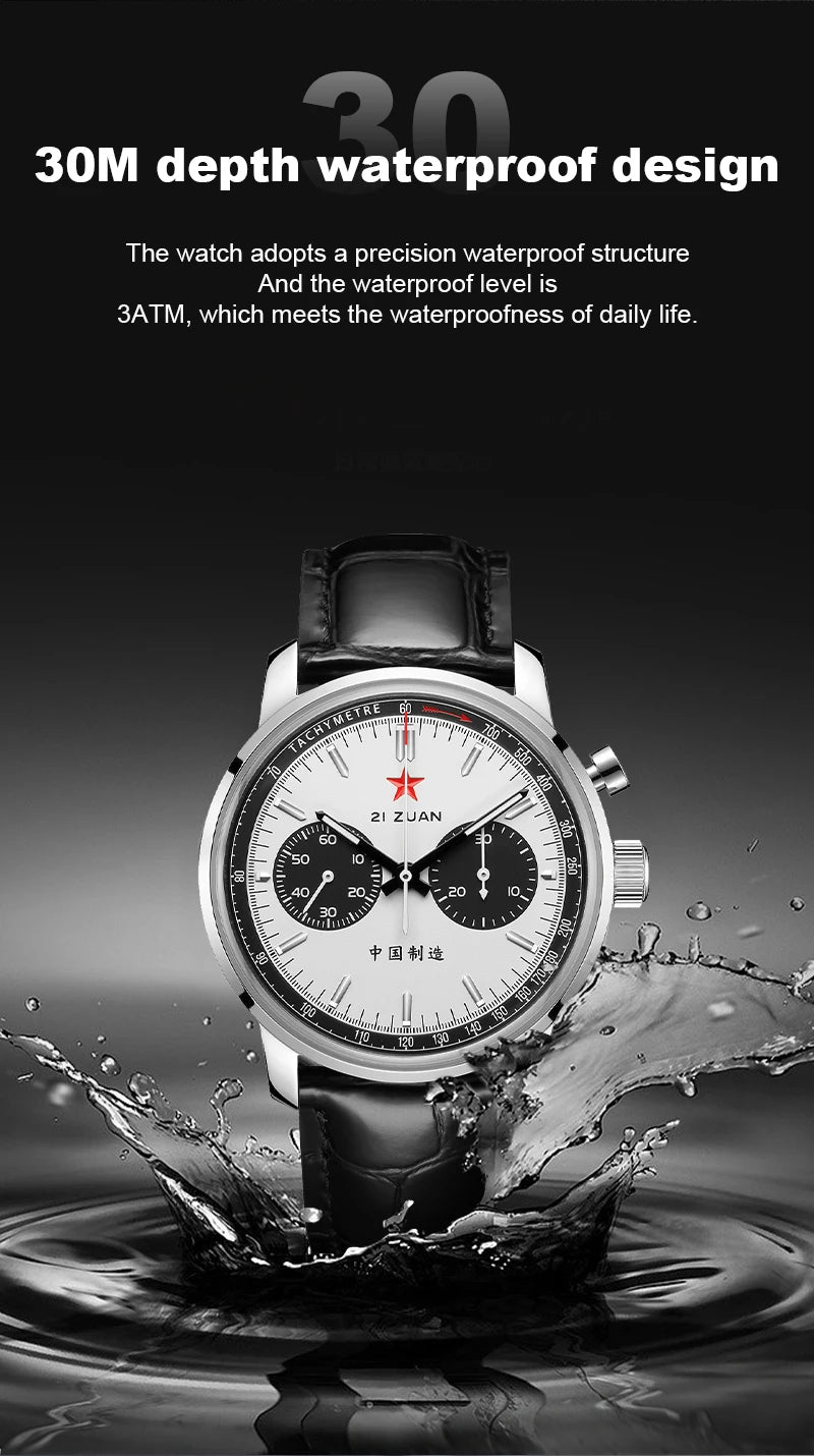 Red Star Panda Men's 1963 Chronograph Mechanical Wristwatch Seagull ST1901 Movement Gooseneck 40mm Luminous Sapphire Pilot Watch