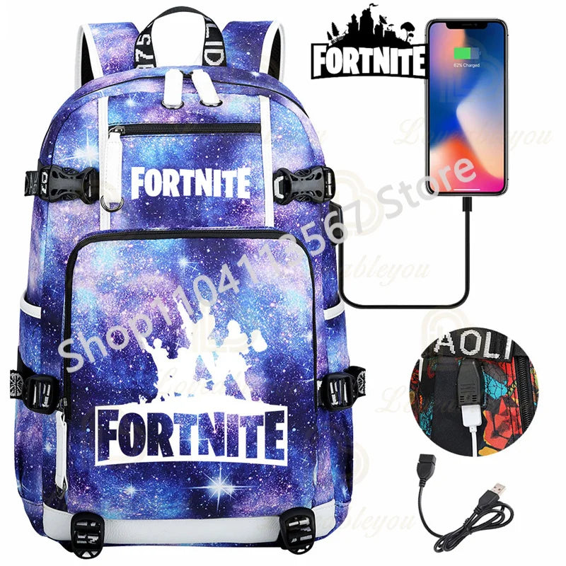 Mochila Yule Trooper F-Fortnited Battle Royale com carregamento USB, figuras anime e compartimento para material escolar para estudantes