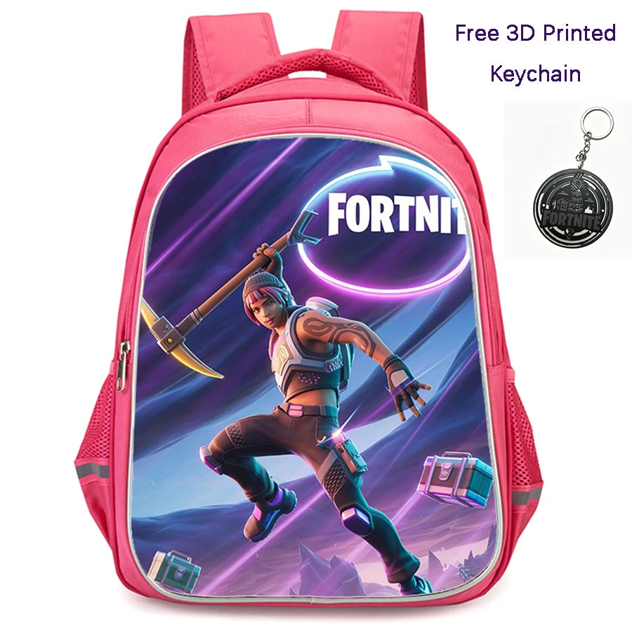 FORTNITE 16-inch Durable Lightweight Backpack, Dual Zipper Pockets, Cartoon Style for Boys & Girls Ages 6-10, Free 3D Printed Keychain