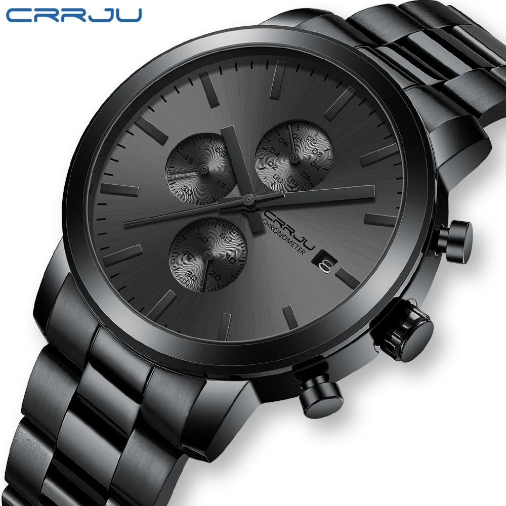CRRJU Men’s Watch – Stainless steel chronograph, water-resistant, with date display, analogue quartz movement, elegant and professional style