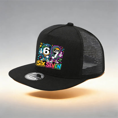 1/2PC Y2KSixSeven flat top truck driver hat, hip-hop cartoon print, breathable mesh, streetwear aesthetic hat