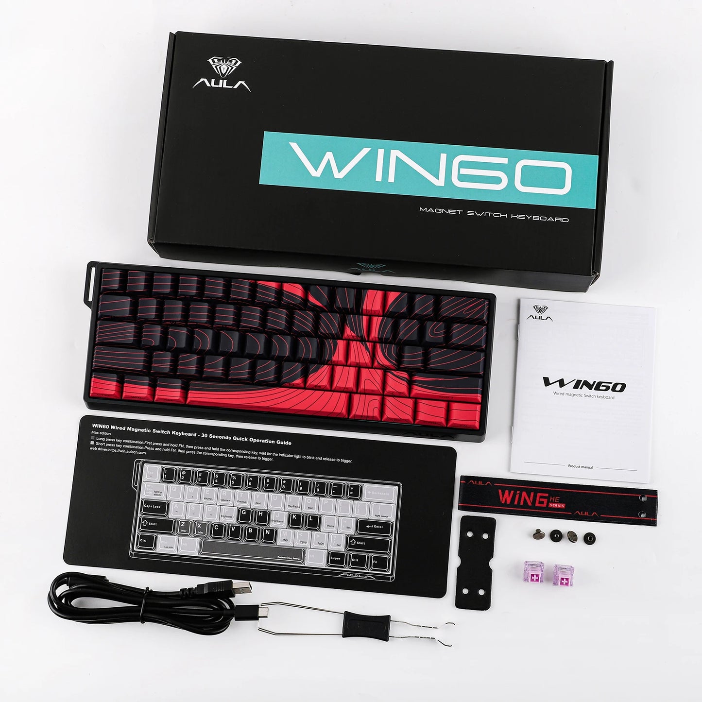 Teclado mecânico com fios AULA WIN60 HE/WIN60 HE MAX 60%, estrutura Tray-Mount, Hot-Swap e interruptores magnéticos de efeito Hall