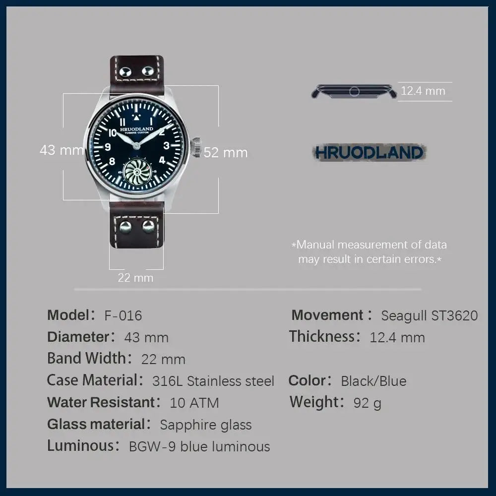 Hruodland 2025 Nuovo orologio meccanico da uomo Seagull ST3620 Retro Pilot 43MM BGW-9 luminoso, vetro zaffiro, turbina, Reloj Hombre