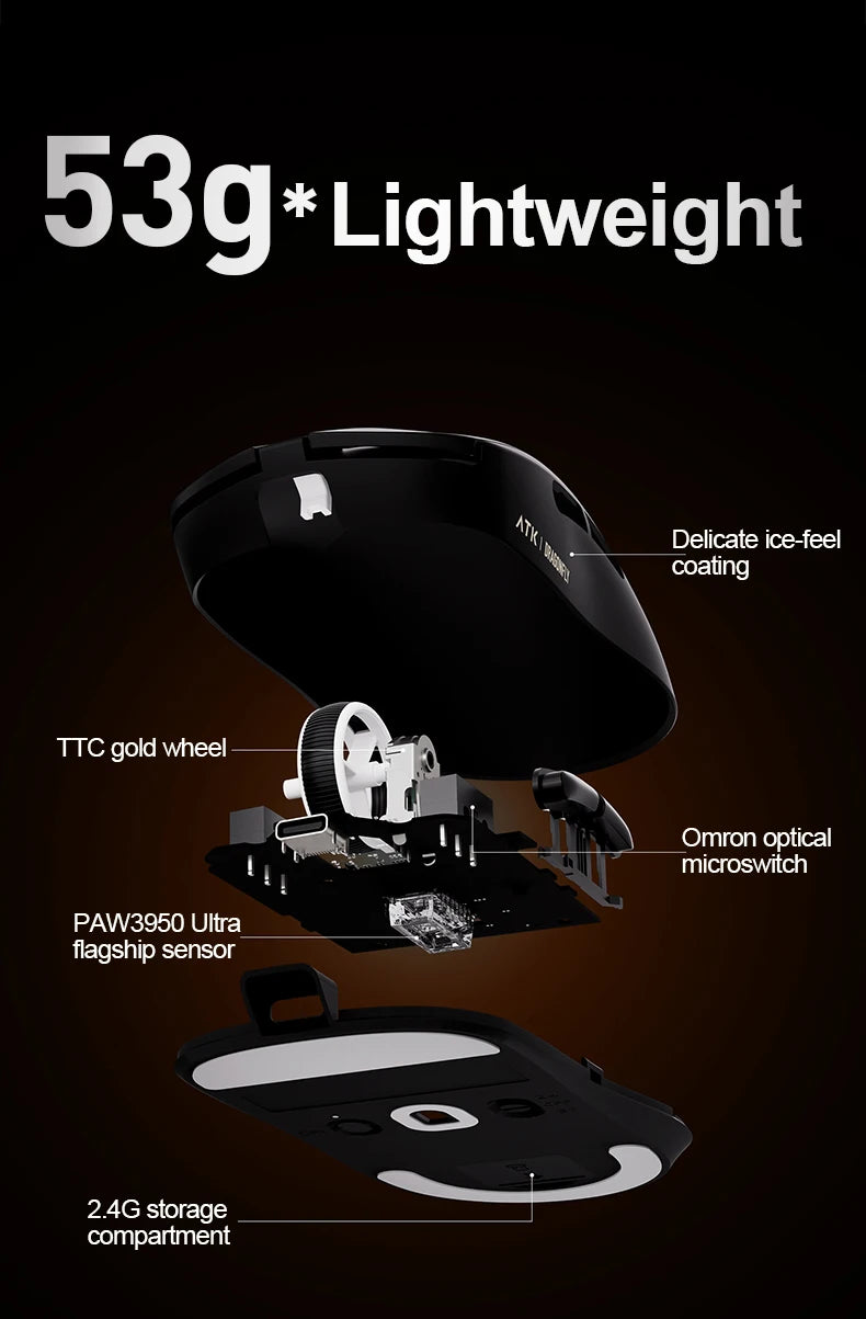 ATK Dragonfly A9 Ultra langaton pelihiiri PAW3950 ultrakevyt kolmitilainen ergonominen e-urheilun FPS-hiiri pelaajille A9 SE Plus