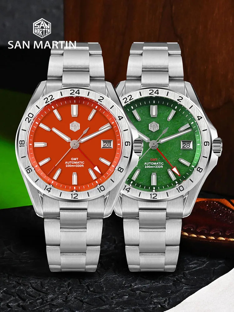 Relógio de Luxo para Homem San Martin 39mm com Mostrador em Pedra Aventurina, NH34 GMT Automático Mecânico, Safira, Impermeável e Luminescente SN0129