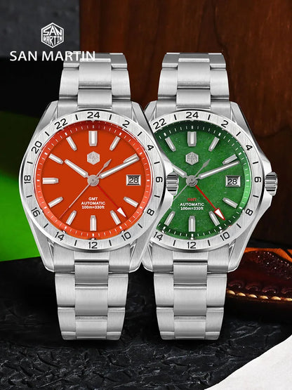 Relógio de Luxo para Homem San Martin 39mm com Mostrador em Pedra Aventurina, NH34 GMT Automático Mecânico, Safira, Impermeável e Luminescente SN0129