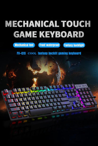 Teclado con cable de 104 teclas con retroiluminación RGB y efecto de respiración, set ergonómico de teclado y ratón gaming para ordenador, portátil, gamer y oficina