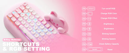 YUNZII C68 Pink 65% Hi-Fi Cute Cat Silicone Hot Swap NKRO Ergonomic Wireless BT5.0/2.4G/Wired RGB Mechanical Gaming Keyboard