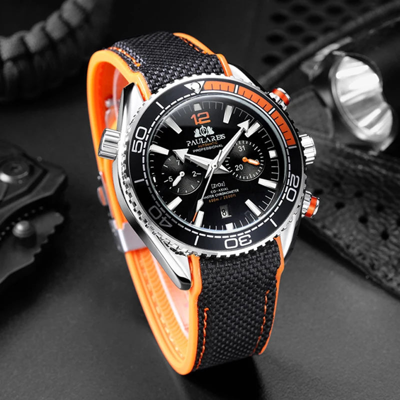 PAULAREIS P Reloj mecánico automático de lujo para hombre, cuerda automática, correa de caucho, resistente al agua, luminoso, con fecha, reloj de moda para hombre
