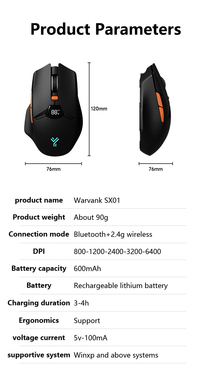 Rato Gaming Sem Fios Warvank SX01 com Ecrã Inteligente, Ajuste DPI de 6 Velocidades, Bateria Recarregável de 600mAh e Bluetooth Silencioso para Escritório