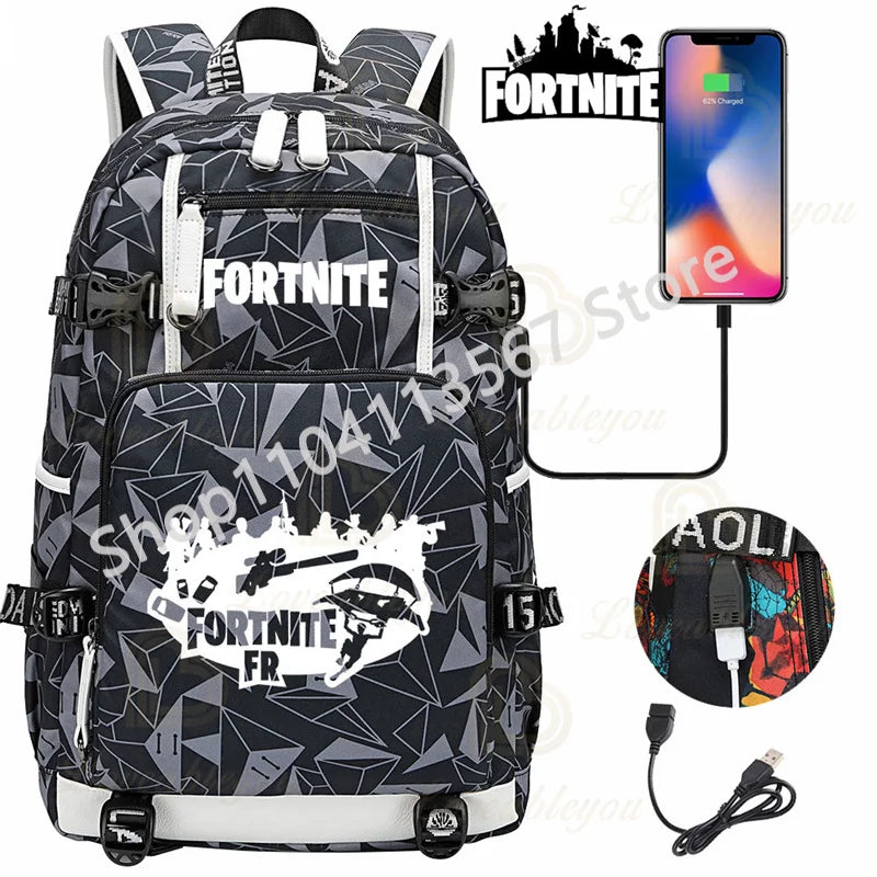 Mochila Yule Trooper F-Fortnited Battle Royale com carregamento USB, figuras anime e compartimento para material escolar para estudantes