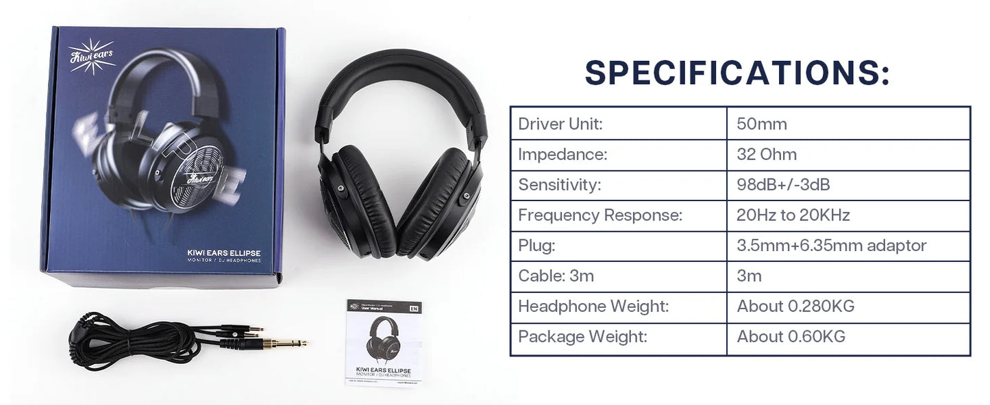 Linsoul Kiwi Ears Ellipse Studio-Grade Open-Back Dynamic Driver Kopfhörer mit abnehmbarem Kabel, Hi-Fi-Bass-Over-Ear-Headset mit Kabel