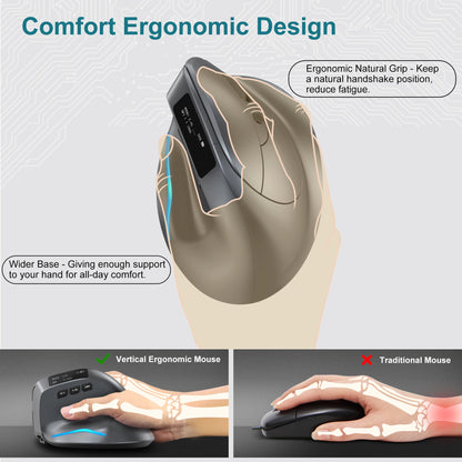 Lefon F26C Vertical Mouse, Wireless with OLED Screen, Bluetooth Ergonomic Mouse, Optical Rechargeable Gaming Mice for PC Laptop
