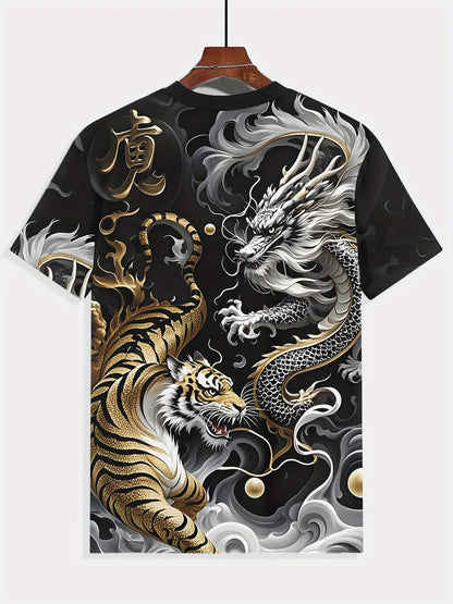 Herren-Sommer-T-Shirt mit Grafikprint, Drachen- & Tigerduell-Design, lässiges Kurzarm-T-Shirt, Mode 2025, lässiges O-Neck-Shirt