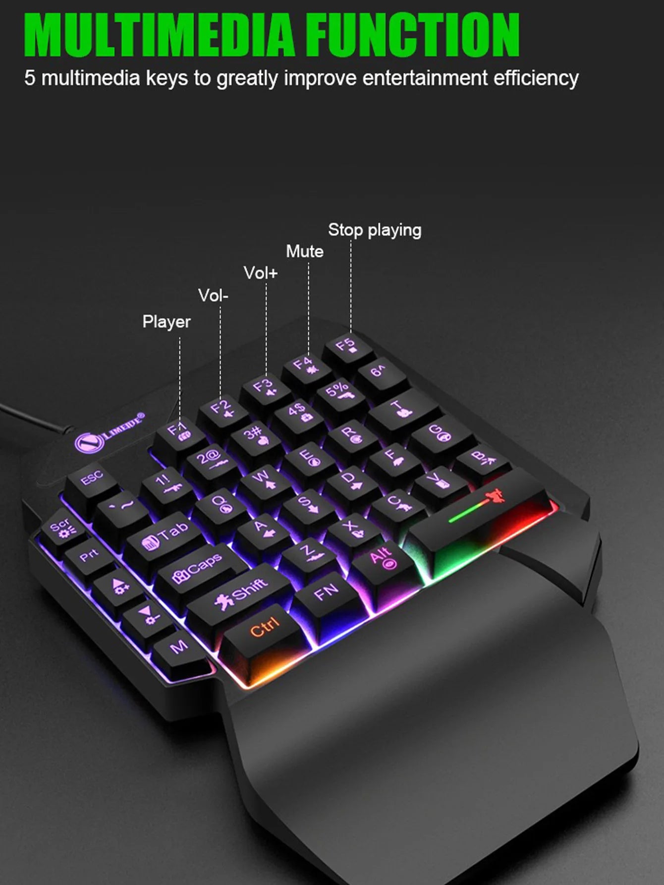 Mechanical one-handed light game wired keyboard, radium engraving characters, engineering hand support