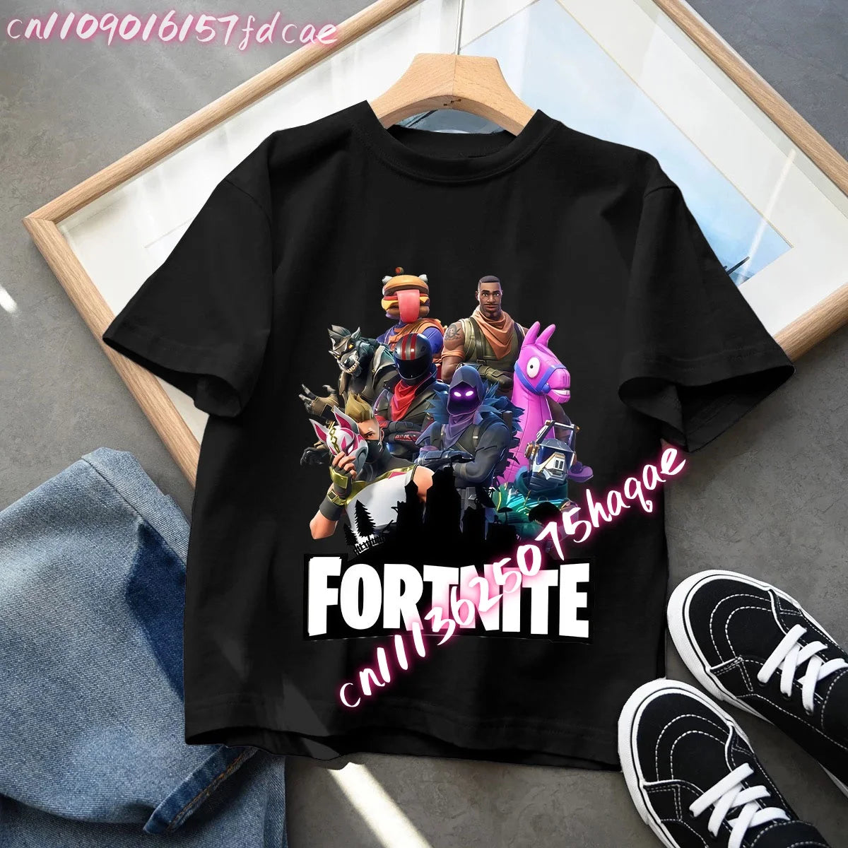 T-shirt preta em algodão para criança Fortnites Fortress Night, manga curta, estilo cartoon, para menino e menina, roupa de verão kawaii, top para oferta
