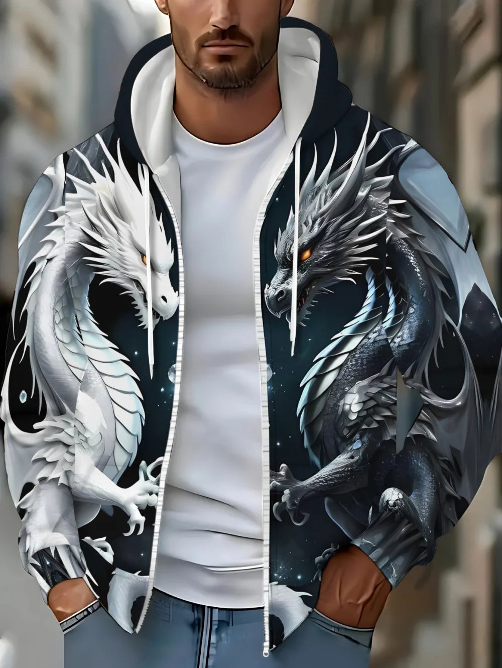 Sweatshirt com capuz e fecho de correr para homem, com estampado de dragão, cordão ajustável, manga comprida, corte oversize, para atividades ao ar livre e viagens, outono/inverno