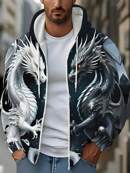 Sweatshirt com capuz e fecho de correr para homem, com estampado de dragão, cordão ajustável, manga comprida, corte oversize, para atividades ao ar livre e viagens, outono/inverno