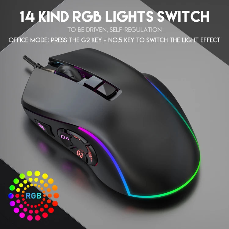 Kabelgebundene Gaming-Office-Maus 7200DPI mit RGB-Hintergrundbeleuchtung, 6 einstellbaren DPI-Stufen/10 programmierbaren Tasten/Zurück-zum-Desktop-Taste