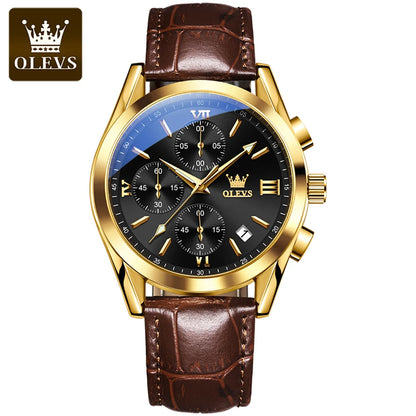 Vyriškas chronografinis rankinis laikrodis „OLEVS 2872“ – odinis dirželis, atsparus vandeniui, šviečiantys rodyklės, kvarcinis mechanizmas, prabangus sportinis stilius
