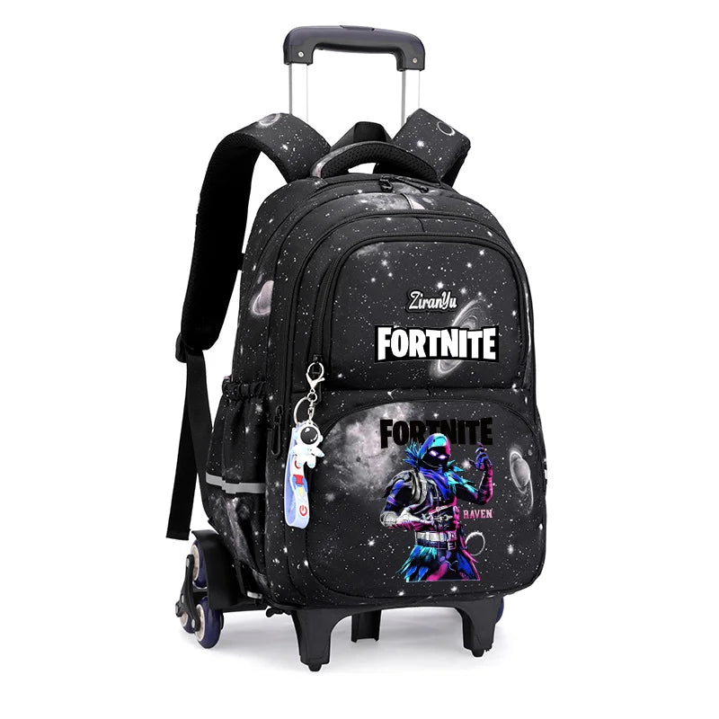 Mochila com Rodas Fortnite Anime, Impermeável, de Grande Capacidade, para Estudante — Saco Escolar Casual de Viagem com Carrinho e Subida Fácil de Escadas