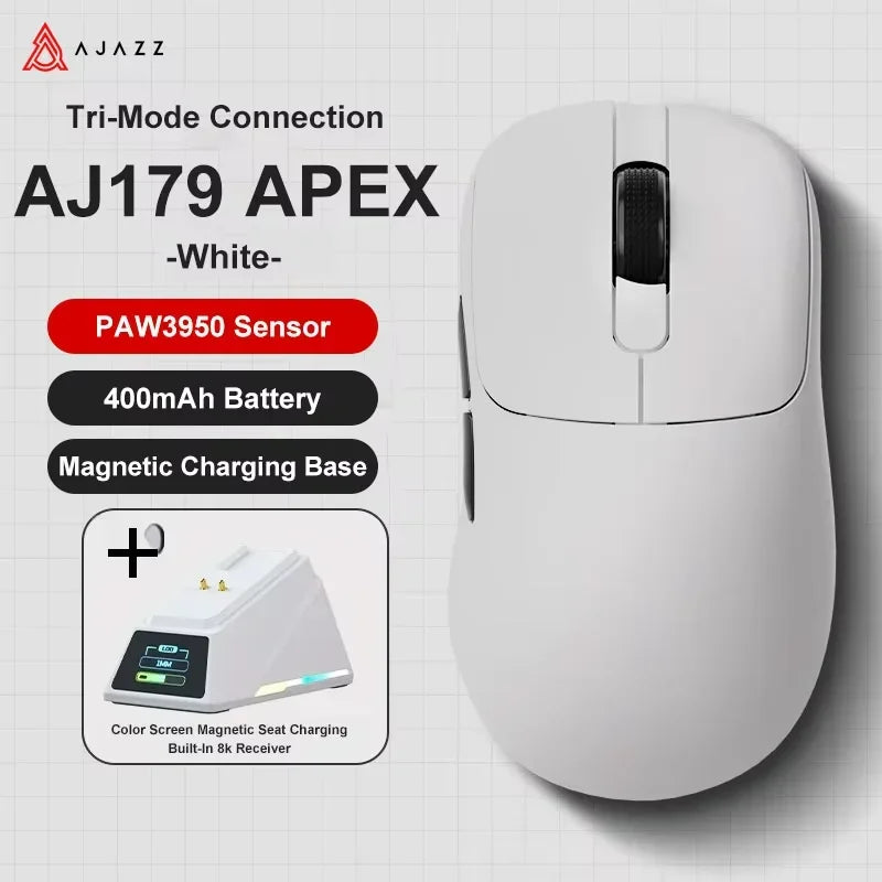 Ratón gaming inalámbrico Ajazz AJ179 APEX con base con pantalla a color, Bluetooth, PAW3395, batería de 400mAh, frecuencia de actualización de 8000Hz