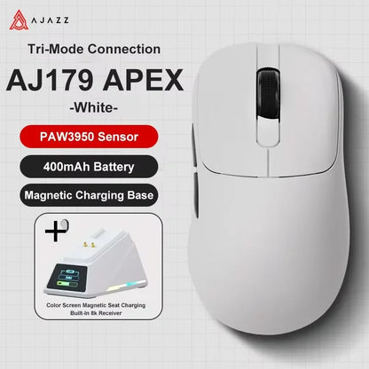 Ratón gaming inalámbrico Ajazz AJ179 APEX con base con pantalla a color, Bluetooth, PAW3395, batería de 400mAh, frecuencia de actualización de 8000Hz