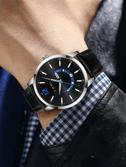 Reloj de cuarzo TOMI, de estilo elegante y profesional, con correa de piel, caja de aleación y esfera con agujas: diseño de alta gama, ideal como regalo para hombre.