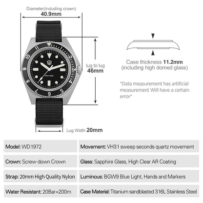 Watchdives WD1972 Quartz Watch VH31 Sweep Seconds Movement Sapphire Crystal BGW9 Luminous 20Bar Waterproof Vintage Men's Watches