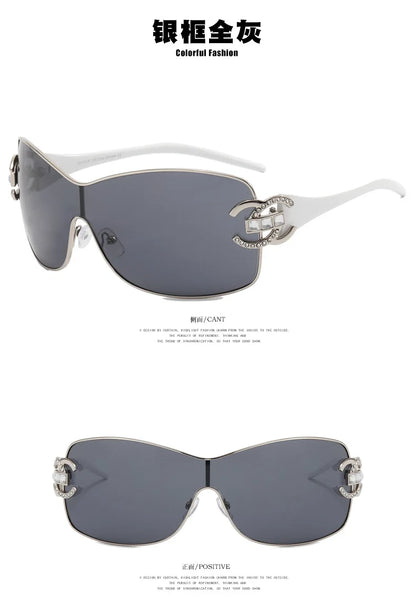 Luxury Rhinestone Punk Oversized One - Piece Frame Y2K Women's Sunglasses Trendy Brand Summer Men Sunglass Travel  Eyewear UV400