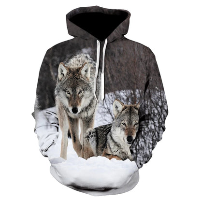 Neuer modischer Hoodie mit 3D-Tierprint für Herren und Damen, personalisiertes Design, Sweatshirt mit Schnee- und Doppelwolf-Motiv, Harajuku Oversized Hoodie