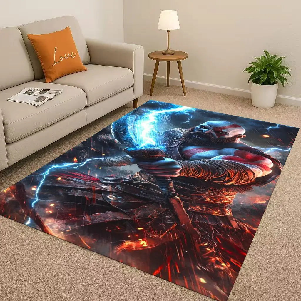 Game God of War Kratos Cartoon Gamer Living Room Non-Slip Area Rug Soft Carpet for Bedroom Playroom Sofa,Easy Clean Home Doormat